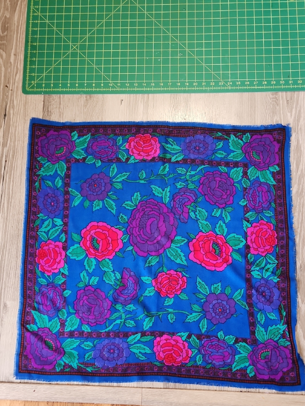Vintage Berkshire Floral Blue Scarf - Bold Pink & Purple Roses Rehab